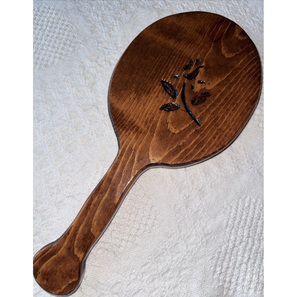 Vintage Wood Hand Held Beveled Glass Mirror Leaf Design Oval‎ Glass 14.5 in